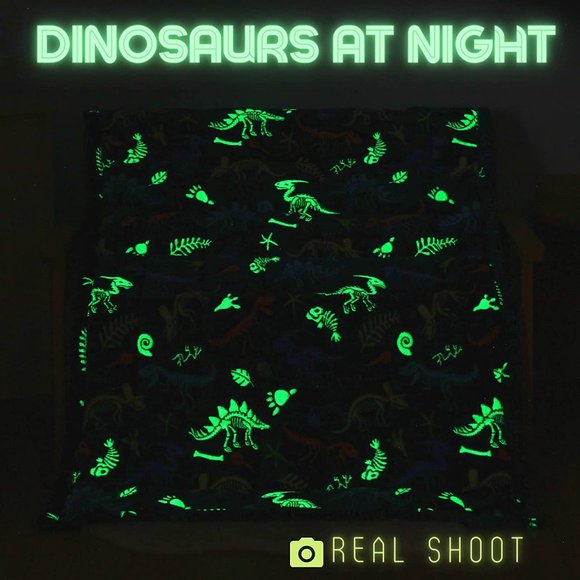Bood Glow in The Dark Minky Fleece Dinosaur Kids Blanket - Picture 2 of 4